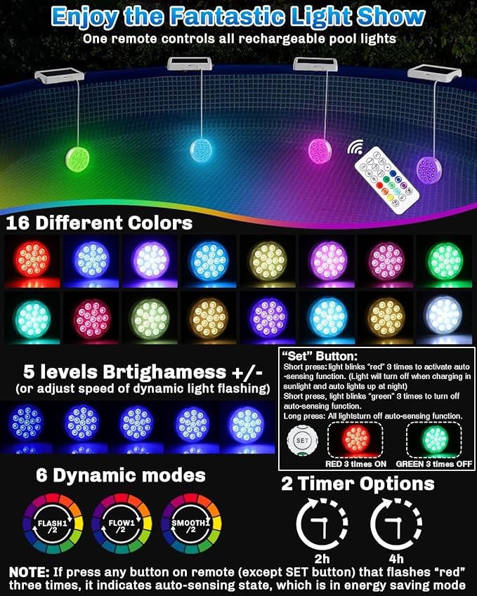 Pool Lights, Upgraded Solar Submersible LED Lights with Remote, 4.55 Inch USB Rechargeable IP68 Waterproof Underwater Light RGB 22 Colors Changing Solar Pool Light with Magnet for Hot Tubs 1 PACK