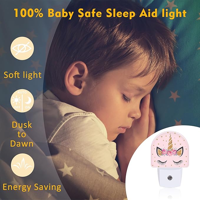 Glitter Unicorn with Flowers Night Light for Kids,Beautiful Unicorn Eyelash Night Light Plug in with Dusk to Dawn Sensor,0.5w Energy Saving Nightlight for Hallway Stairway Kitchen Bedroom