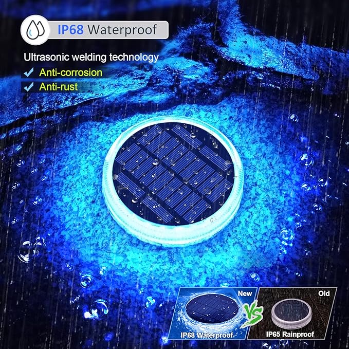 Blue Solar Deck Dock Lights Solar Powered, Step Warning Lights for Outside Driveway Sidewalk Garden Pathway Yard (4 Pack)