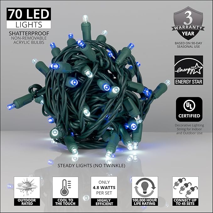Wintergreen Lighting 70 Count 5mm LED Blue and Cool White Christmas Lights - Thumbnail 2