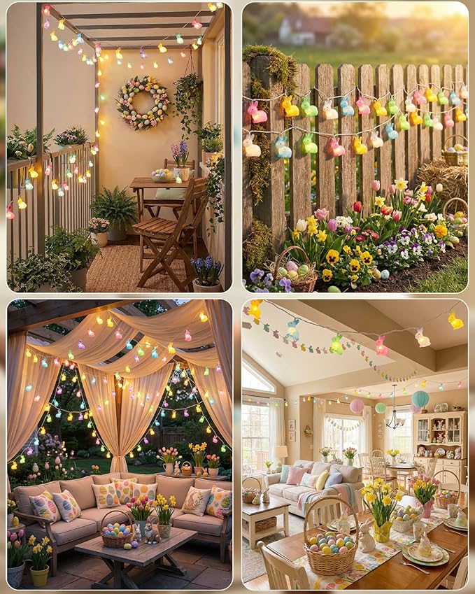 SUNSGNE Easter Cute Rabbit String Lights Bunny Fairy Lights, 8.5ft Easter Bunny Ornaments String Lights with 10 Multicolor Bunny Lights for Outdoor Indoor Room Bedroom Wall Home Decoration