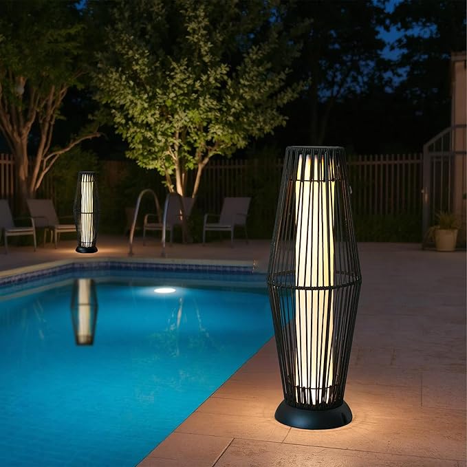 TRIROCKS Outdoor Floor Lamp 2 Piece Solar Powered Lantern Wicker Solar Patio Lamp with Olifen Rope Waterproof Rattan Outside Solar Deck Light for Patio Garden Lawn Yard (Black)