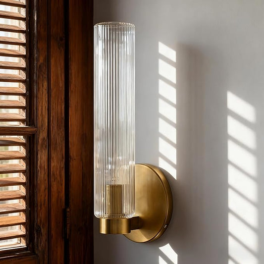 Fluted Textural Glass Wall Sconce, Modern Indoor Vanity Light, Glass Tube Wall Light Fixture with Metallic Finish, Wall Light fixtures for Bathroom, Mirror, Living Room, Bedroom (Brass)