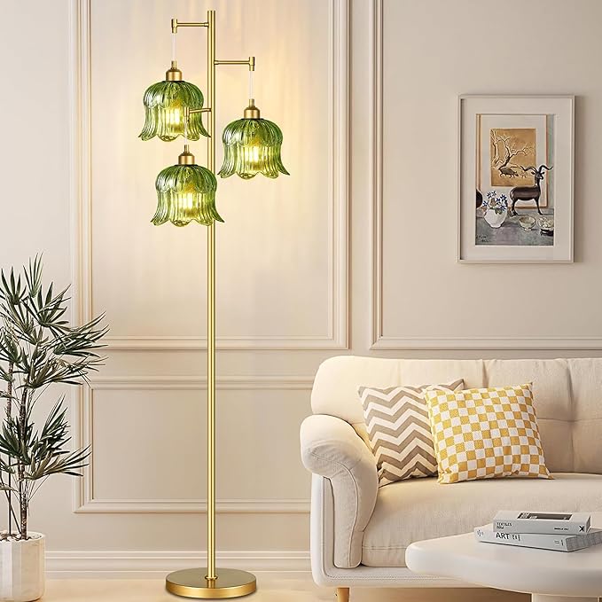 Glass Floor Lamp for Living Room,Bedroom,Mid Century Modern Standing Lamp Brass Tree 3 Light Tall Floor Lamps Vintage Retro Floor Lights Gold Green Flower Lamp Shade Farmhouse Boho Bohemian