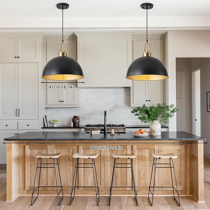 16.1" Large Farmhouse Pendant Lights Kitchen Island, Industrial Dome Pendant Light Fixture, Matte Black with Gold Handle Adjustable Height Hanging Island Light for Dining Room,Kitchen,Cafe