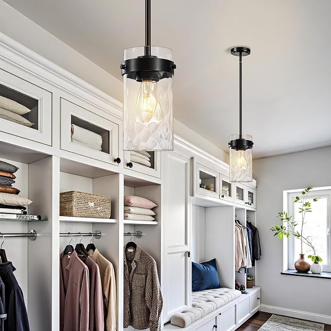 4.72" Hammered Glass Pendant Lighting for Kitchen Island 2 Pack, Modern Black Pendant Light Fixtures, Adjustable Ceiling Pendant Light for Kitchen Island Dining Room Bedroom Hallway