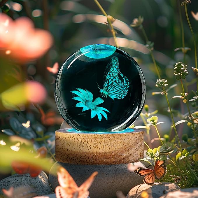 Crystal Ball Night Light - 60mm Glass Ball with Remote, Butterfly Figurines, Perfect for Home Decor, Gifts for Women, Kids, Teens