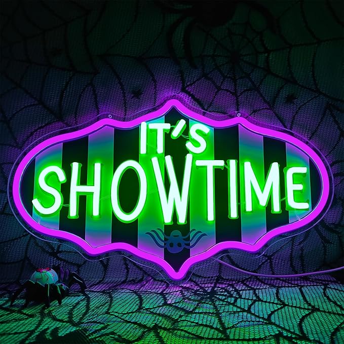 Ajoyferris It's Showtime Neon Sign Dimmable Neon Halloween Sign Showtime Led Sign Horror Movie Neon Lights Striped Gothic Light Up Sign for Halloween Party Decor