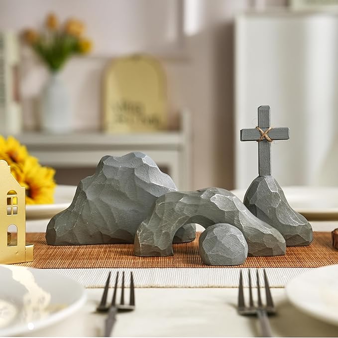 Empty Tomb Easter Decor with Cross, Easter Empty Tomb Resurrection Scene for Christian Decoration, Realistic Rock Resin Sculpture for Religious Display, Home Office Tabletop Tray, Church, Shelf Decor
