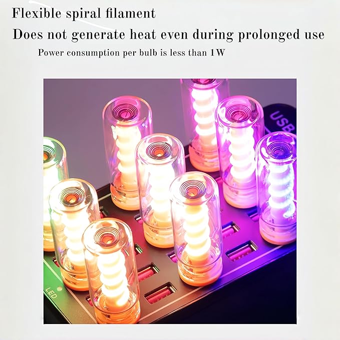 8-Pack Mini USB LED Night Lights – Touch Control, Glass Bottle Design with Spiral Filament, Assorted Colors for Car Interior, Bedroom, Party & Camping.