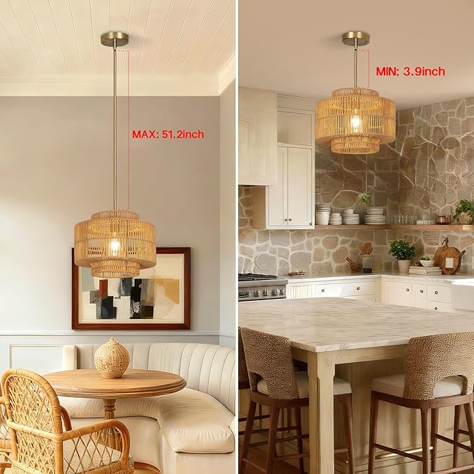 13" Boho Rattan Pendant Light Fixture, Hand Woven Wicker Hanging Lamp with Gold Ceiling Mount, Modern Farmhouse Lighting for Kitchen Island, Dining Room, Bedroom, Living Room, Entryway