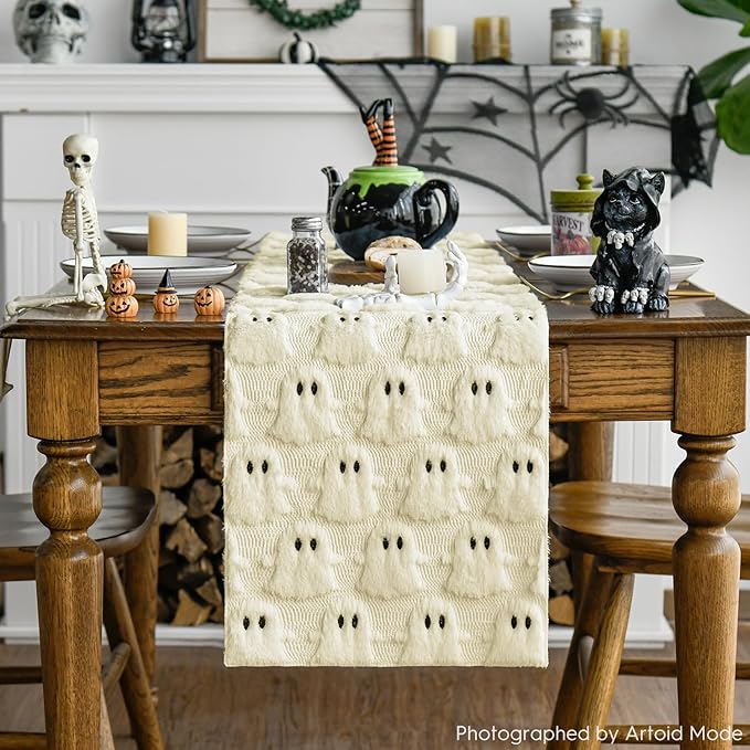 Artoid Mode Beige Ghost Soft Plush Faux Fur Jacquard Halloween Table Runner, Holiday Kitchen Dining Table Decoration for Home Party Decor 13x36 Inch