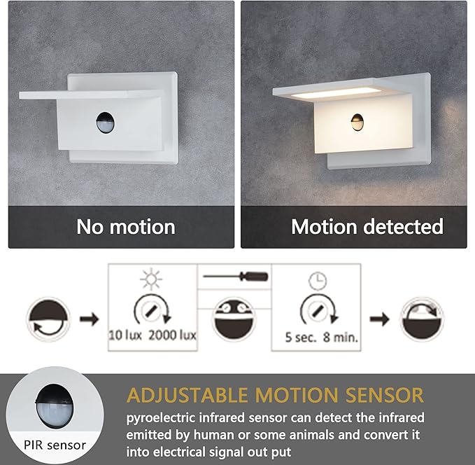 Lustrlach Motion Sensor Outdoor Wall Lights White for House Modern LED Exterior Light Fixture Waterproof Aluminum Wall Mount Lamp 10W,3000K
