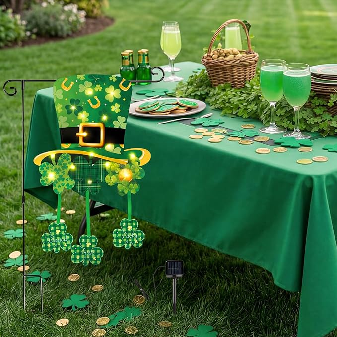 VIHOSE Lighted St. Patrick's Day Garden Flag, 12 x 18 Inch 8 Modes Double Sided Solar Ireland Decorations, LED hat Clover Shamrocks Garden Flag, Lucky Outdoor Yard Decor for St Patrick Porch Lawn