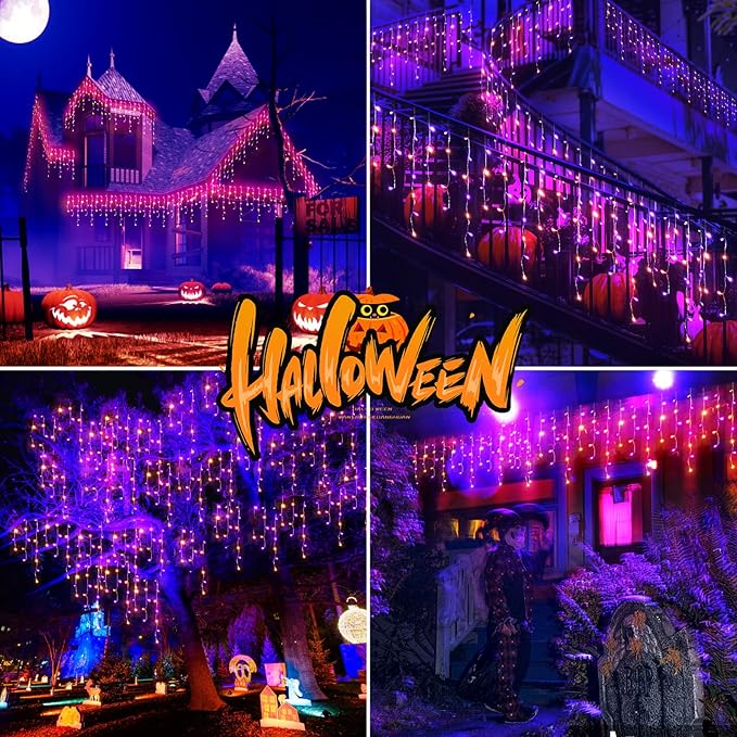 480 LED 49FT Halloween Lights Plug in 12 Modes with Timer Dimmable Halloween Decorations Outdoor Waterproof Indoor Window String Lights for Roof Porch Garden Holiday Wedding Party Decor Orange+Purple