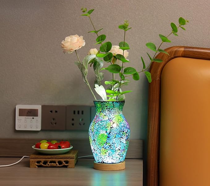 8-Inch Handcrafted Mosaic Cracked-Ice Vase Bedside Lamp with USB-Powered LED Wooden Base 10 Brightness Levels & 3 Color Temperatures,Art Decor Purple-Green Vase Night Light for Home