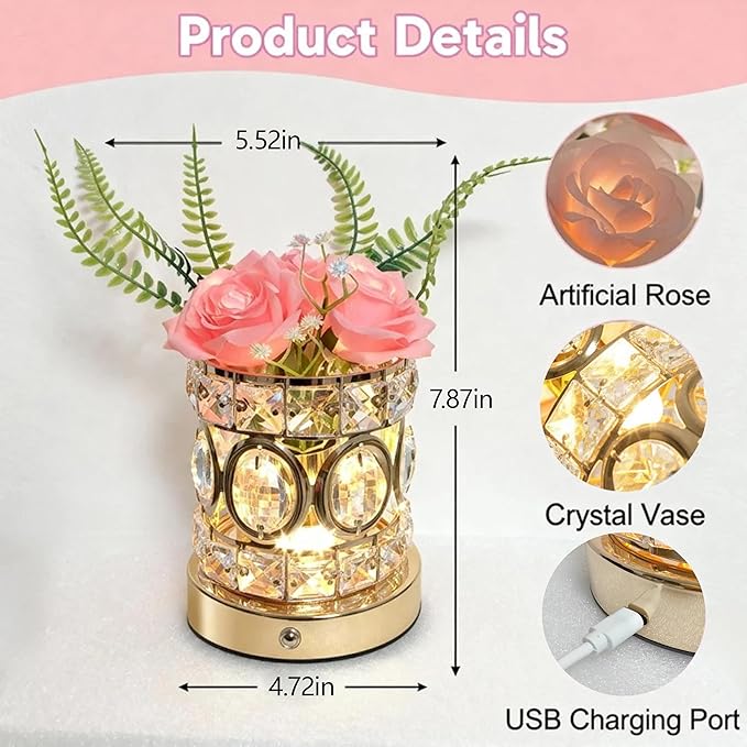 Rose Flower Lamp, Rechargeable Cordless Touch Crystal Bedside Table Lamp with 3-Color Dimmable Small Night Light - Birthday Gifts for Women, Mom, Wife, Living Room, Bedroom Decor, Romantic Home Decor