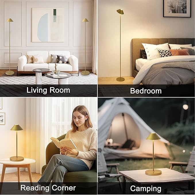 Rechargeable Floor Lamp for Indoor/Outdoor, Cordless Tall Standing Lamp with 3 Color Temps & Dimmable, IP43 Waterproof, Adjustable Height 16-59 Inch, LED Floor Lamp for Living Room, Patio(Gold)