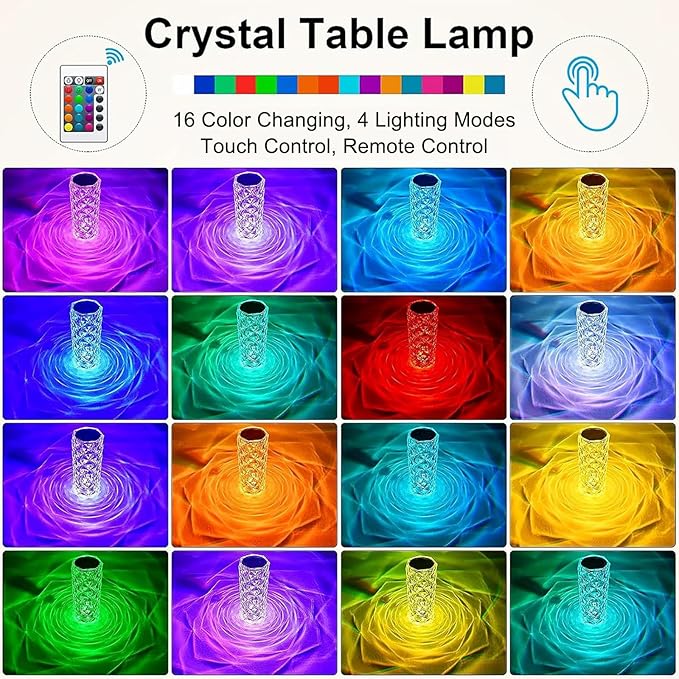 2Pack Crystal Table Lamp (Touch & Remote), 4 Modes 16 Color Changing Night Light, Rechargeable, Dimmable, RGB Rose Diamond Mood Lighting, Protable Cordless Desk Lamp for Bedroom Living Room Party