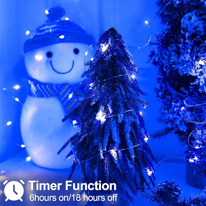 YAOZHOU Christmas Decorations Blue Fairy String Lights, Battery Operated with Timer, 2 Pack Total 33FT 100 Led Mini Battery Powered Mason Jar Waterproof Firefly Lights DIY Party
