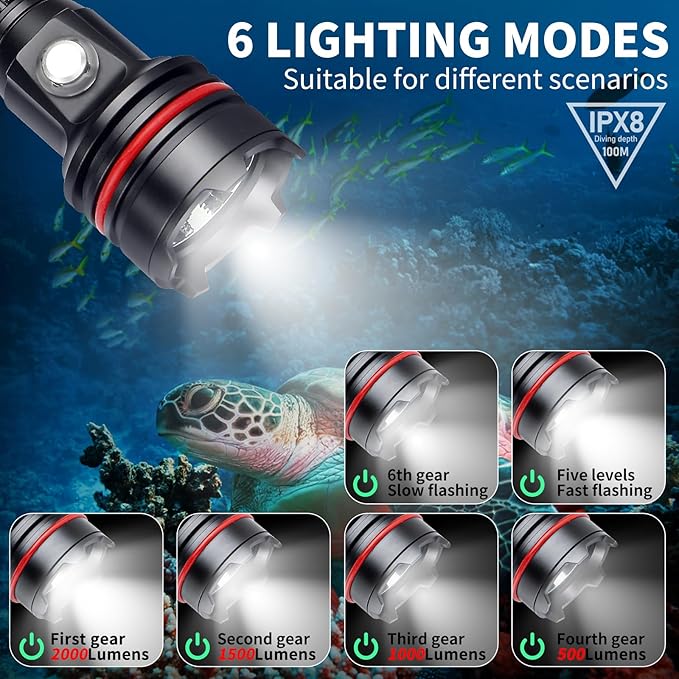 14S 2000 Lumens Underwater Flashlight with Hook and Loop Straps - 6 Modes Super Bright Diving Torch, USB-C Rechargeable, IP68 328FT for Dive Light Scuba Diving, Night Diving & Snorkeling