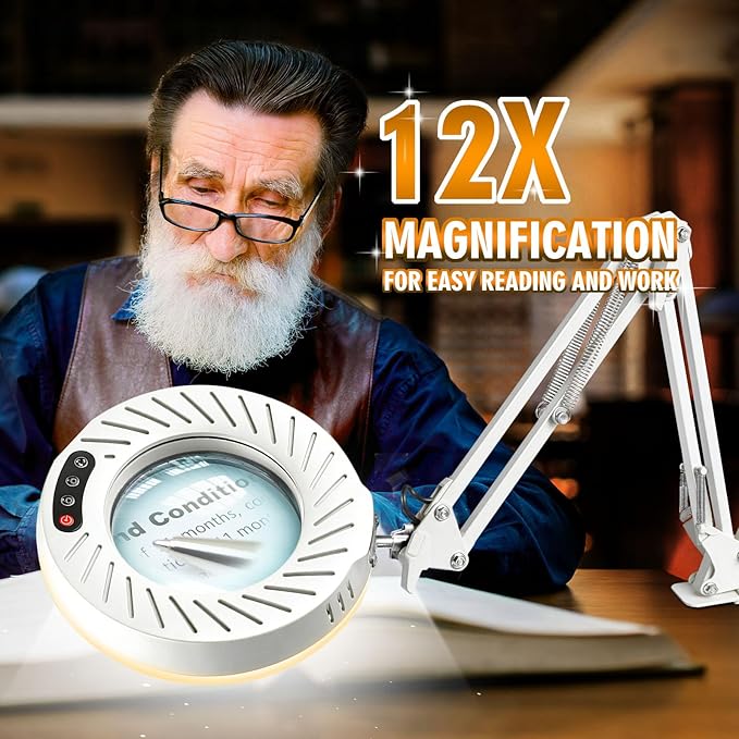 12X Magnifying Glass with Light and Stand, 144 LEDs Brightest Desktop Magnifying Lamp, 10 Dimmable Brightness 5 Color Modes, Hands Free Metal Desk Lamp for Craft Reading Painting (White)