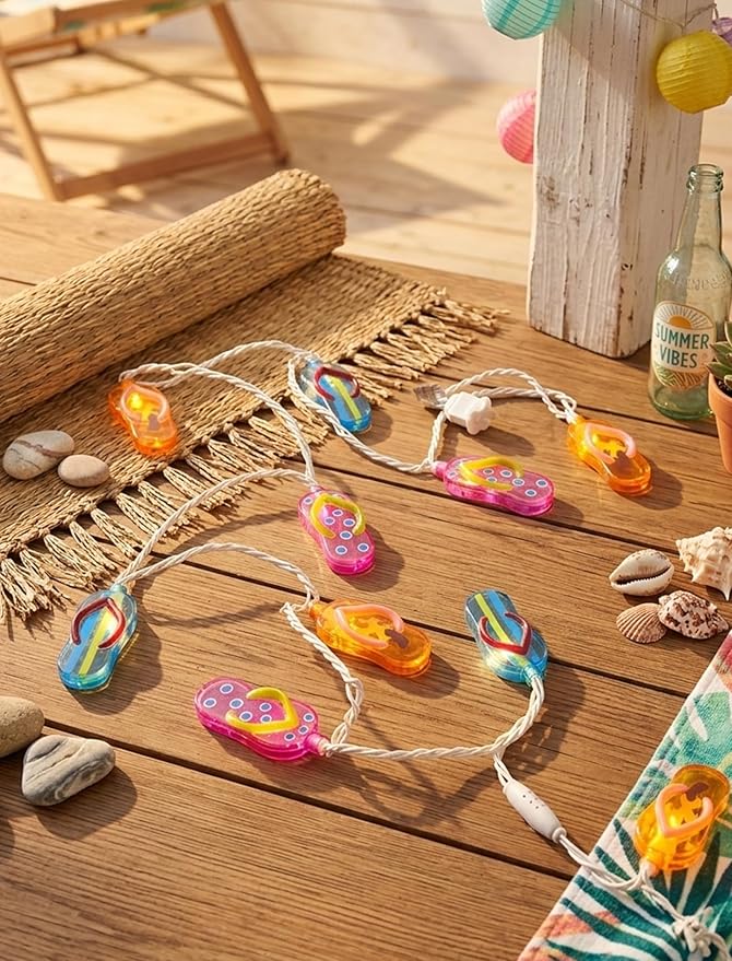 Tropical Beach Flip Flop String Lights, 8.5FT 10 LED Colorful Slipper String Lights Plug in, Hawaiian Summer Beach Themed Decorative Lights for Patio Bedroom Party Luau Pool Birthday Home Window Decor