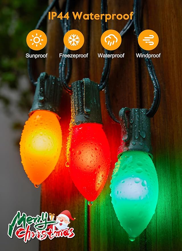 Vintage C9 LED Christmas Lights Outdoor, 100 Feet C9 String Lights with 50 Shatterproof C9 Bulbs, Waterproof Connectable Christmas Tree Lights for Outside Roofline Patio Xmas Decorations, Multicolor