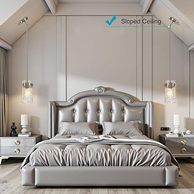 4.72" Hammered Glass Pendant Lighting for Kitchen Island 2 Pack, Modern Brushed Nickel Pendant Light Fixtures, Adjustable Ceiling Pendant Light for Kitchen Island Dining Room Bedroom Hallway