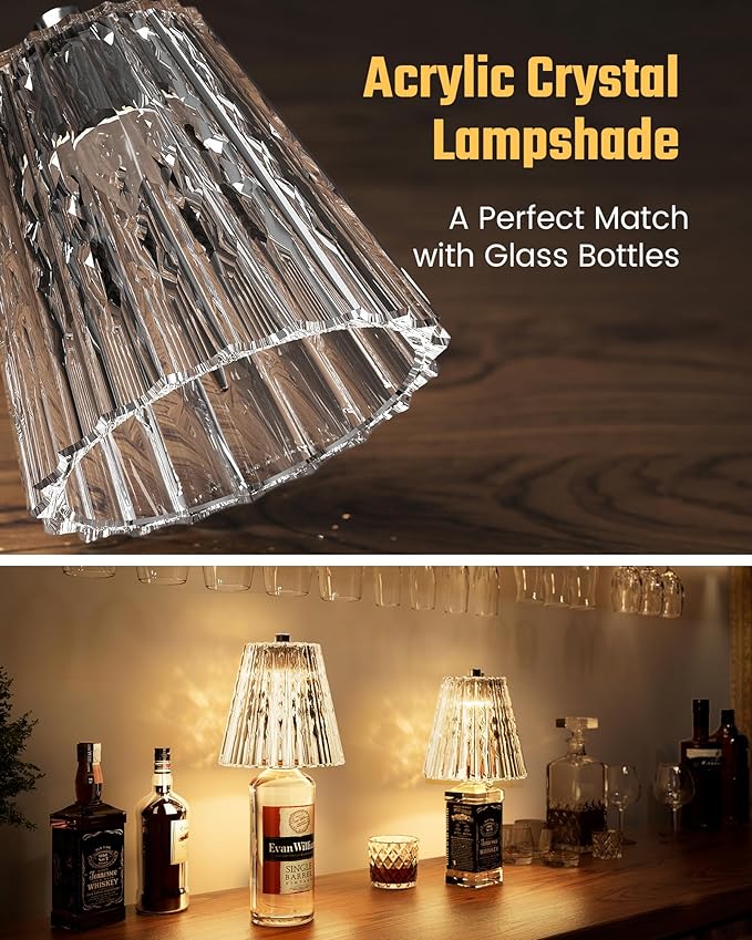 Wireless Bottle Lamp USB Rechargeable with Crystal Lampshade, 3-Color Touch Control Bottle Light Smooth Dimming, Wine Bottle Lamp for Bar Décor, Home, Kitchen & Party Lighting, 1-Pack