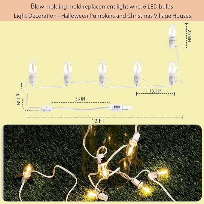 Christmas Village Lights-C7 Blow Molded Light Cord wth 6 LED Bulbs Length 12 Feet.Suitable for Christmas House, Halloween Pumpkin, Salt Lamps，Holiday Lighting Etc（2Pcs）