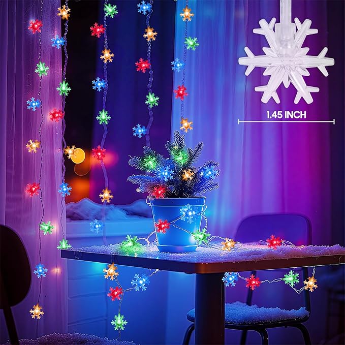 Christmas Lights Indoor Multicolor, 20FT 40 LED Colored Snowflake String Lights Battery Operated, Rechargeable Fairy Lights with 8 Modes & Timer for Bedroom Party Home Xmas Tree Decorations Multicolor