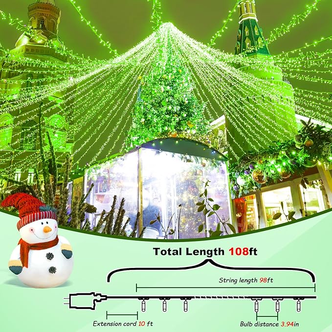ILLUMINEW 300 Led Green Outdoor String Lights Waterproof St. Patrick's Day Decorations, 108 Ft Led Twinkle Lights for Bedroom, 8 Modes Plug in Fairy Lights for Christmas Room Decor