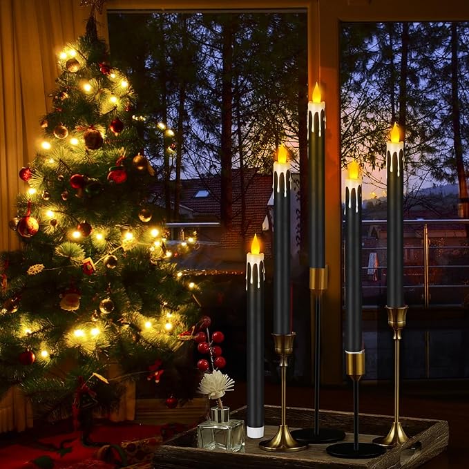 Flameless Taper Candles 10.6" Dripless Battery Operated Taper Candles Included Remote Timer 400+ Hours by 2AA Batteries for Halloween Christmas Wedding (Black+White, 24 Pack)