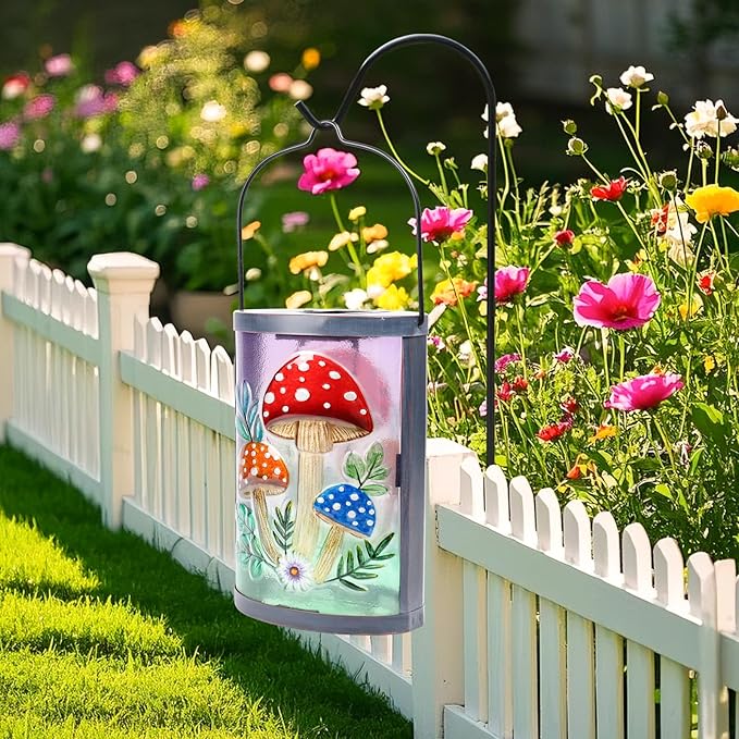 Hanging Solar Lantern Outdoor Waterproof Mushroom Solar Lights Glass Tabletop Decorative Lamp for Outdoor Patio Garden Outside Yard Decor