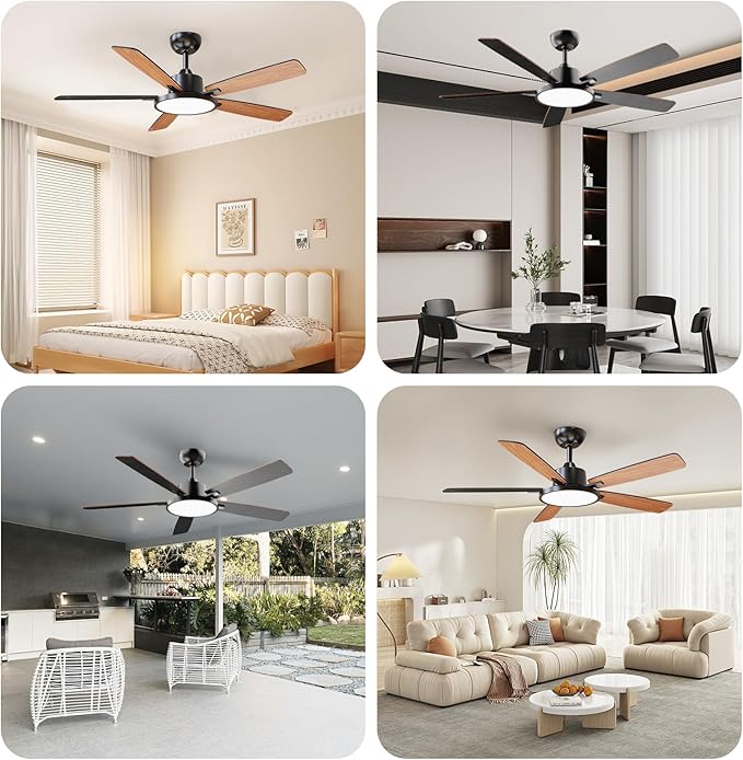 TALOYA 52 Inch Black Ceiling Fans with Lights Led Remote Control Flush Mount Low Profile for Bedroom Living Dining Room Outdoor Farmhouse Patio,Reversible,DC Motor,Diammable,Buzzer ON/Off,5 Blades