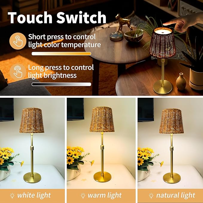 Mr.White Outdoor Waterproof Rechargeable Cordless Table Lamp with Telescopic Pole & Wicker Shade, 5200mAh Battery Operated Table Light with Touch Control, for Patio Restaurant Kitchen (Gold)