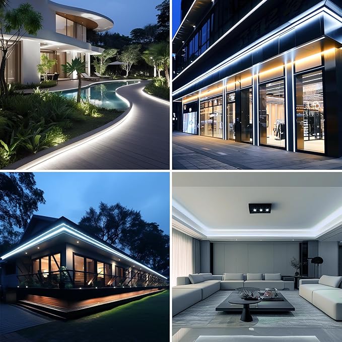 24V COB LED Strip Lights Outdoor Waterproof 65.6FT, 6000K Cool White Dimmable IP67 CRI 93 LED Rope Light with Power Supply for Bedroom Living Room Garden Commercial House