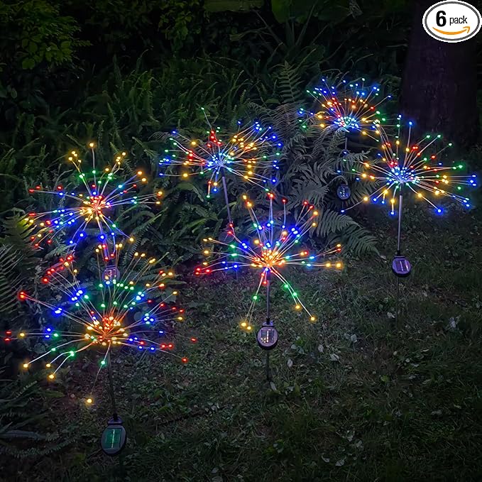 Outdoor Solar Garden Lights, 120 LEDs 8 Lighting Modes 6 Packs Waterproof Solar Fireworks Light Sparklers for Patio Walkway Yard Courtyards Pathway Christmas Party Decorations