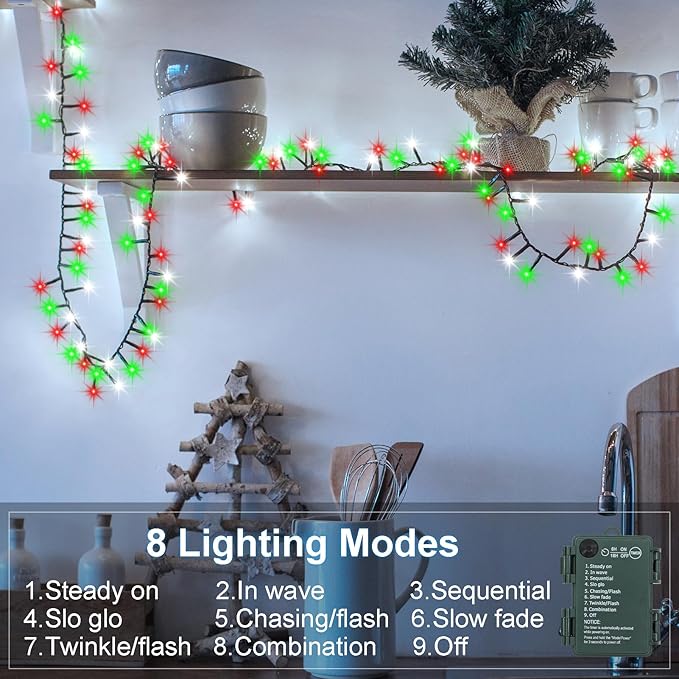 2 Pack Christmas Lights Red White Green, Total 20Ft 400 LED String Lights with Timer 8 Modes Cluster Firecracker Light for Tree Room Garden Outdoor Decor