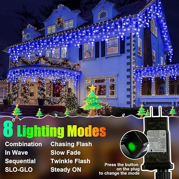 Christmas Lights Outdoor, 98FT 900LED Ice Lights for Outside, Ice String Lights with 8 Modes, Waterproof Timer Memory Hanging Light for Eaves Party Yard Garden(Blue)