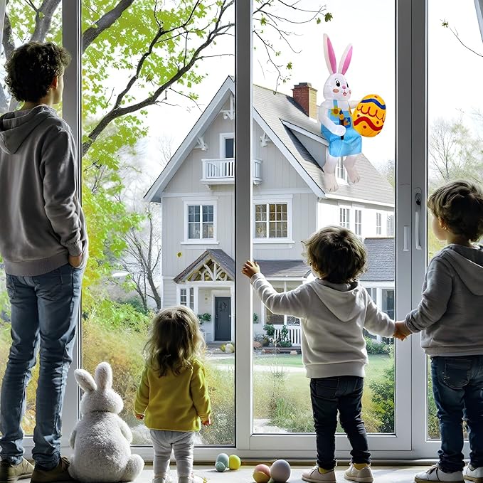 8FT Easter Inflatables Outdoor Decorations Sitting Inflatable Bunny Decor, Inflatable Eggs Decor with LED, Easter Blow Ups for Outside Roof Yard Shop Garden