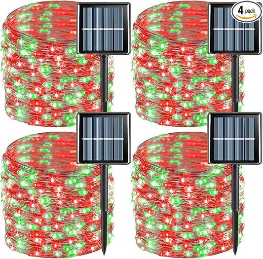 QITONG 4 Pack Red and Green Solar Christmas Lights, Each 33ft 100 LED Fairy Lights Outdoor Waterproof, 8 Modes Mini Twinkle String Lights for Outside