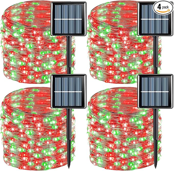 YEGUO 4 Pack Red and Green Solar Fairy Lights, Each 33ft 100 LED Christmas Lights Outdoor Waterproof, 8 Modes Sliver Wire Solar String Lights