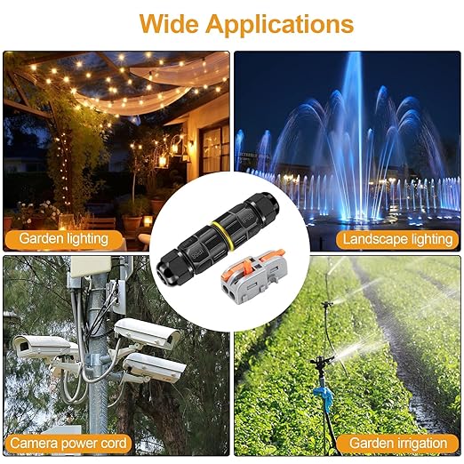 Linkstyle 10-Pack IP68 Waterproof 2 Pin Electrical Cable Connector, Outdoor 2 Way Junction Box 4-10mm Adjustable Wire Box, with Replaceable 1 in 2 Out Lever Wire Connectors for AWG 28-12