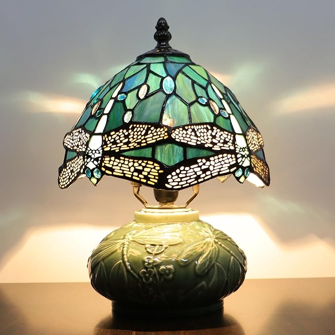 Small Stained Glas Lamp Mushroom Table Lamp, Mini Stained Glass Desk Light Memory Sympathy Ceramic lamp 8X11 Inch (Sea Blue Dragonfly Style)