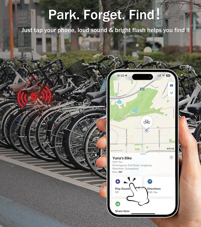 Smart Rechargeable Bike Tail Light: with Apple Find My(iOS Only), IP65 Waterproof, 5 Modes, USB-C Ports, Bright LED Safety Rear for Bicycle Road Mountain, Night Riding Essential