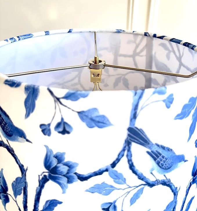 Tristan Home Blue & White Chinoiserie Empire Lamp Shade – 14" Bottom x 10" Height – Textured Velvet Bird Floral Pattern – Spider Fitter Replacement Shade