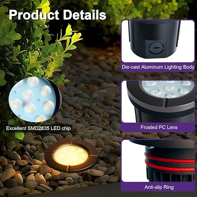 LED Well Lights, 6W 580LM, Warm White (3000K), 12-24V Outdoor In-ground Lights with Wire Connectors, IP65 Waterproof Low Voltage Lighting for Pathway Driveway Deck, ETL Certified, 8-Pack