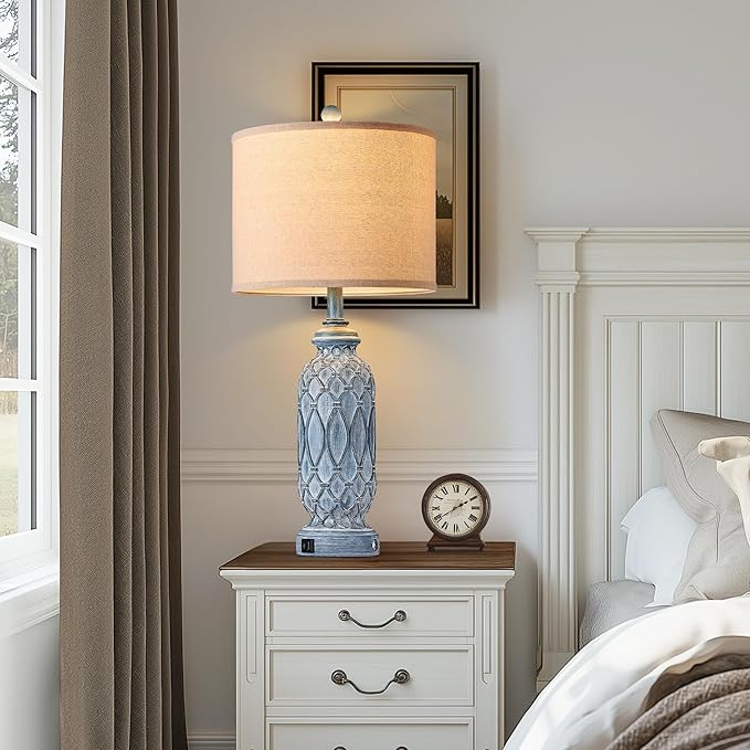 28" Living Room Lamps Set of 2, Farmhouse Lamps for Bedroom with USB A+C Charging Ports, Touch Lamps for Nightstand, 2 Bulbs Included